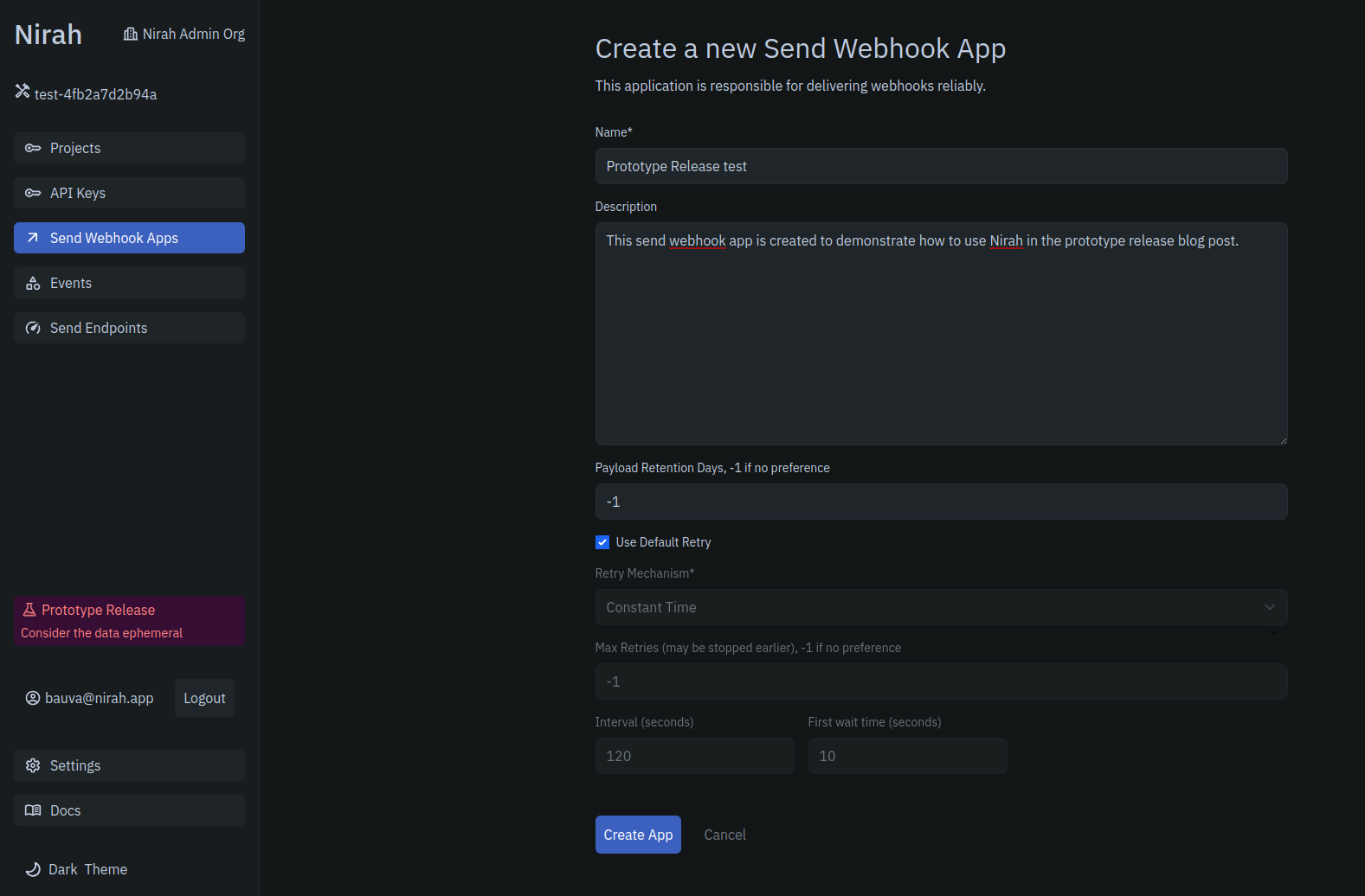 create an application to send webhooks