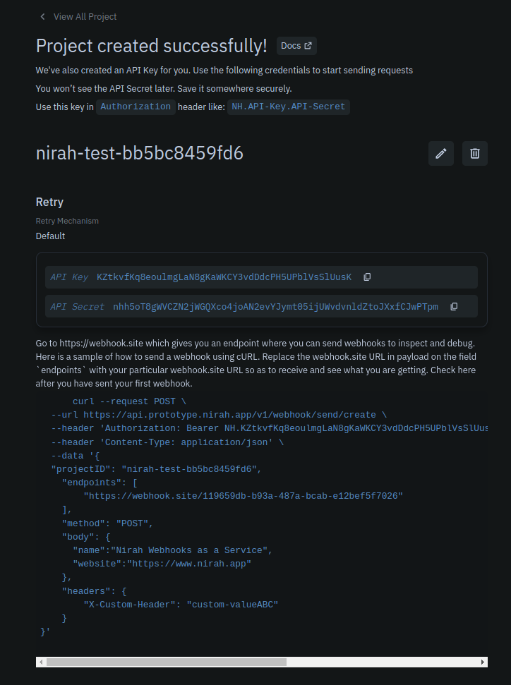 project page detailing how to send webhooks